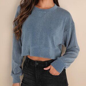 Lulu's Dusty Blue Ribbed Cropped Long Sleeve Tee